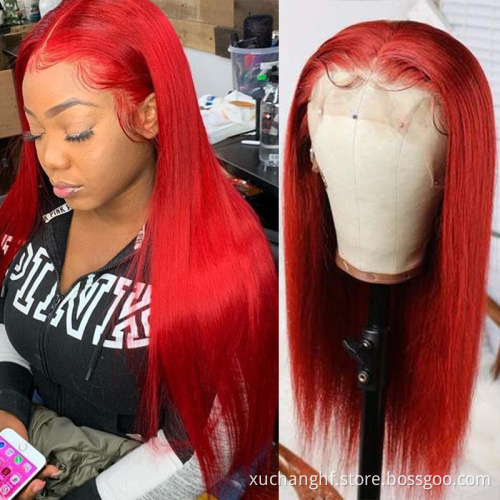 Drop Shipping Red Color Human Virgin Hair Long Straight Lace Front Wig With Baby Hair